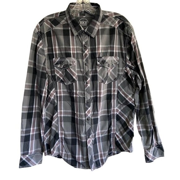 BKE Garrison Shirt Pearl Snap Long Sleeve Plaid Relaxed Fit Western Men's Medium - Picture 2 of 7
